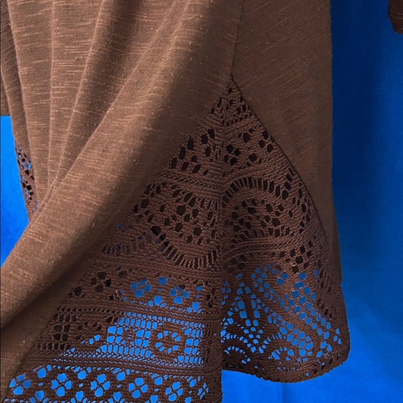 Chocolate Brown Cowl Neck Top with lace insert on side. - Picture 6 of 7